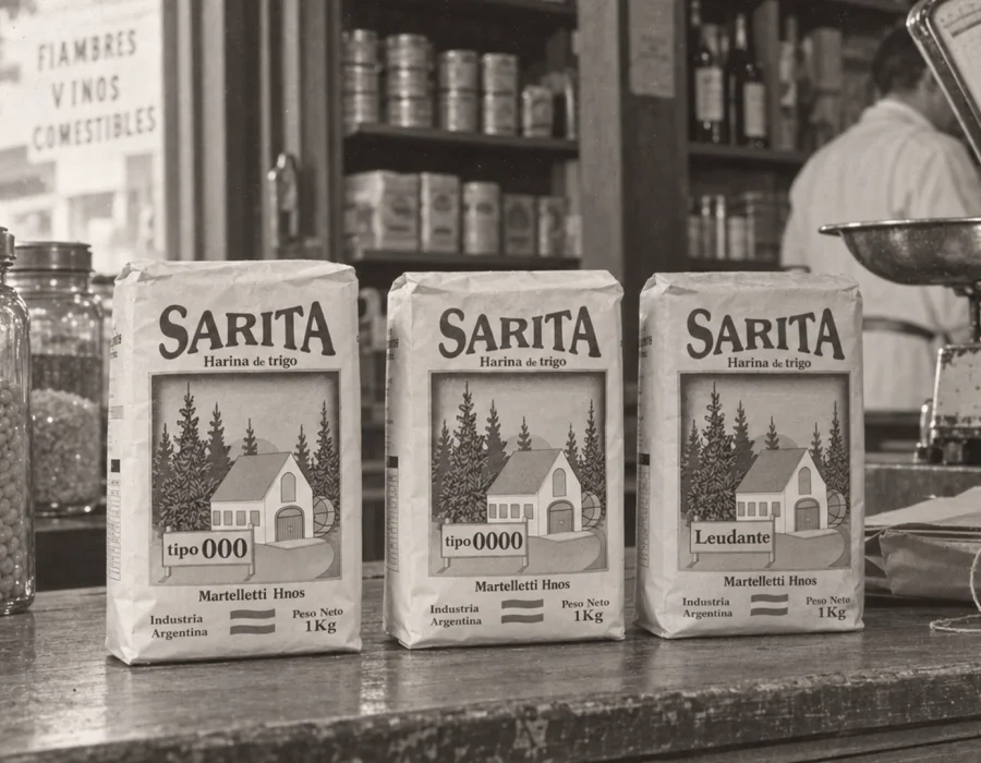 Bolsas de harina Sarita de época en un almacén tradicional