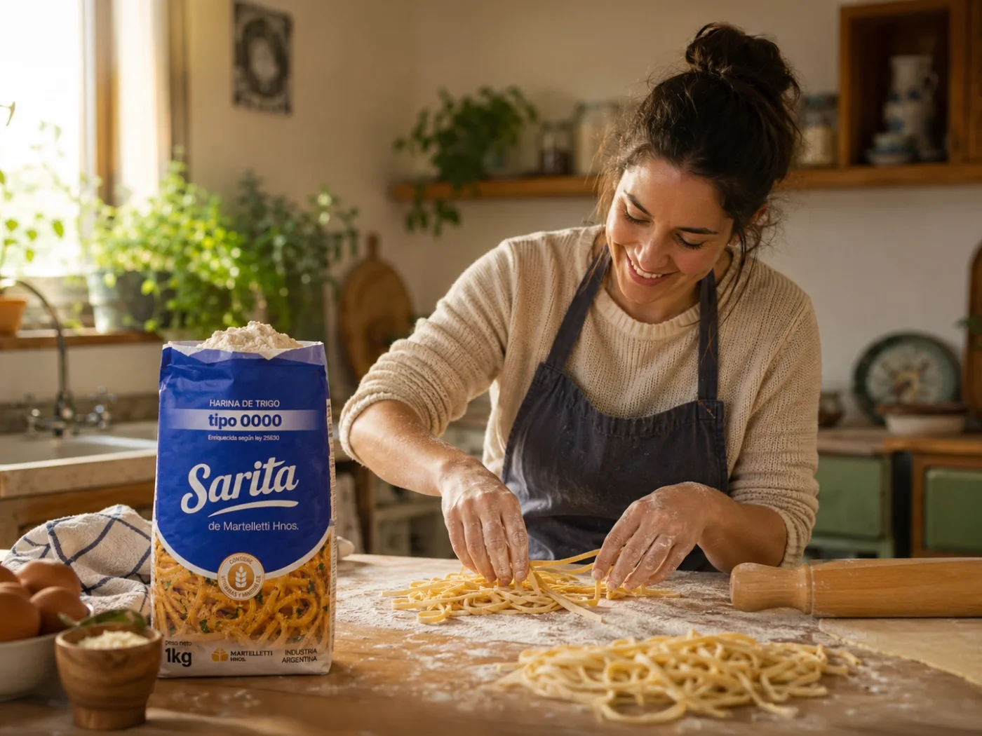 Mujer preparando pasta fresca con harina Sarita en su cocina