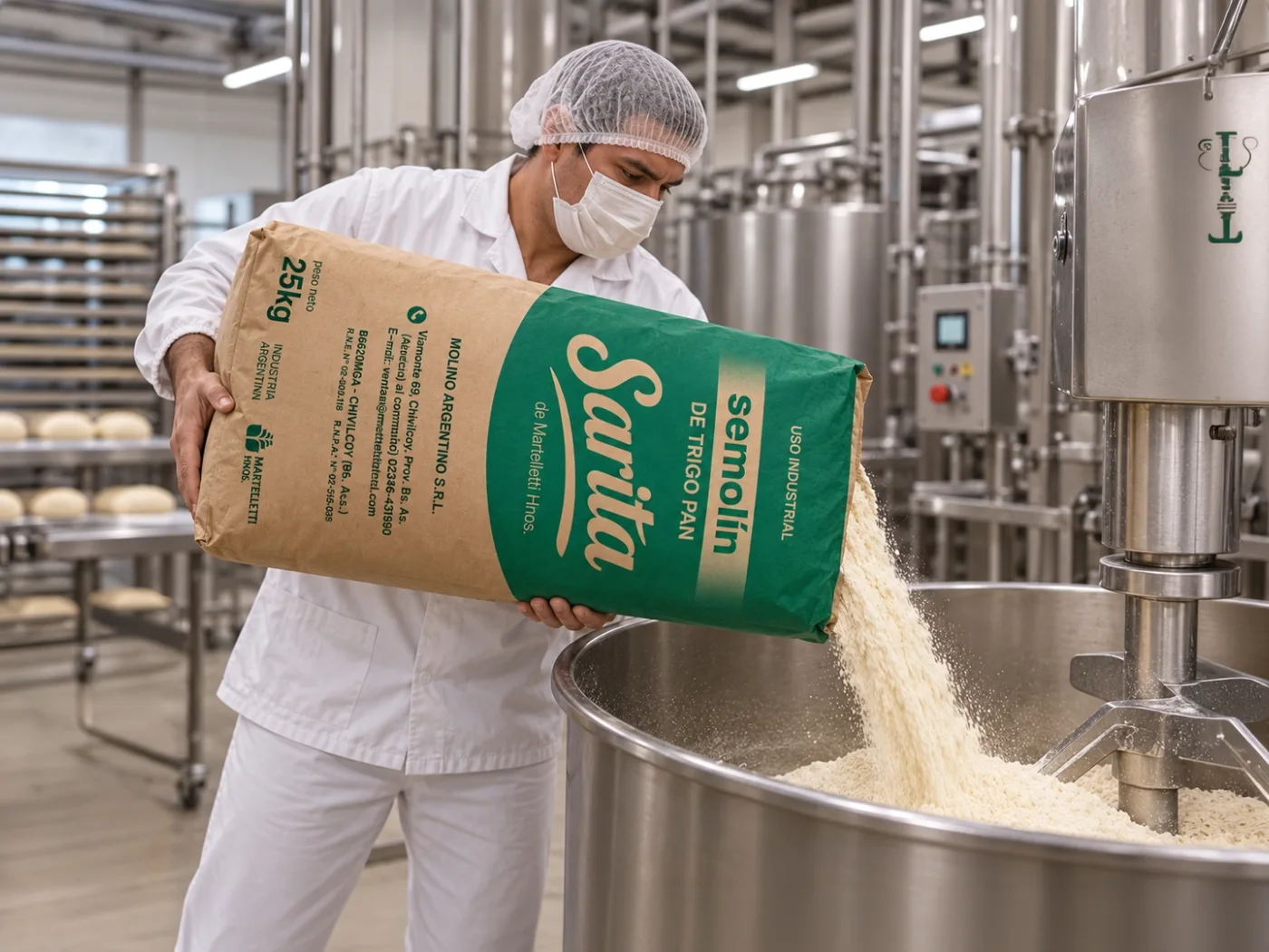 Trabajador de planta vaciando un bolsón de Semolín Sarita en producción