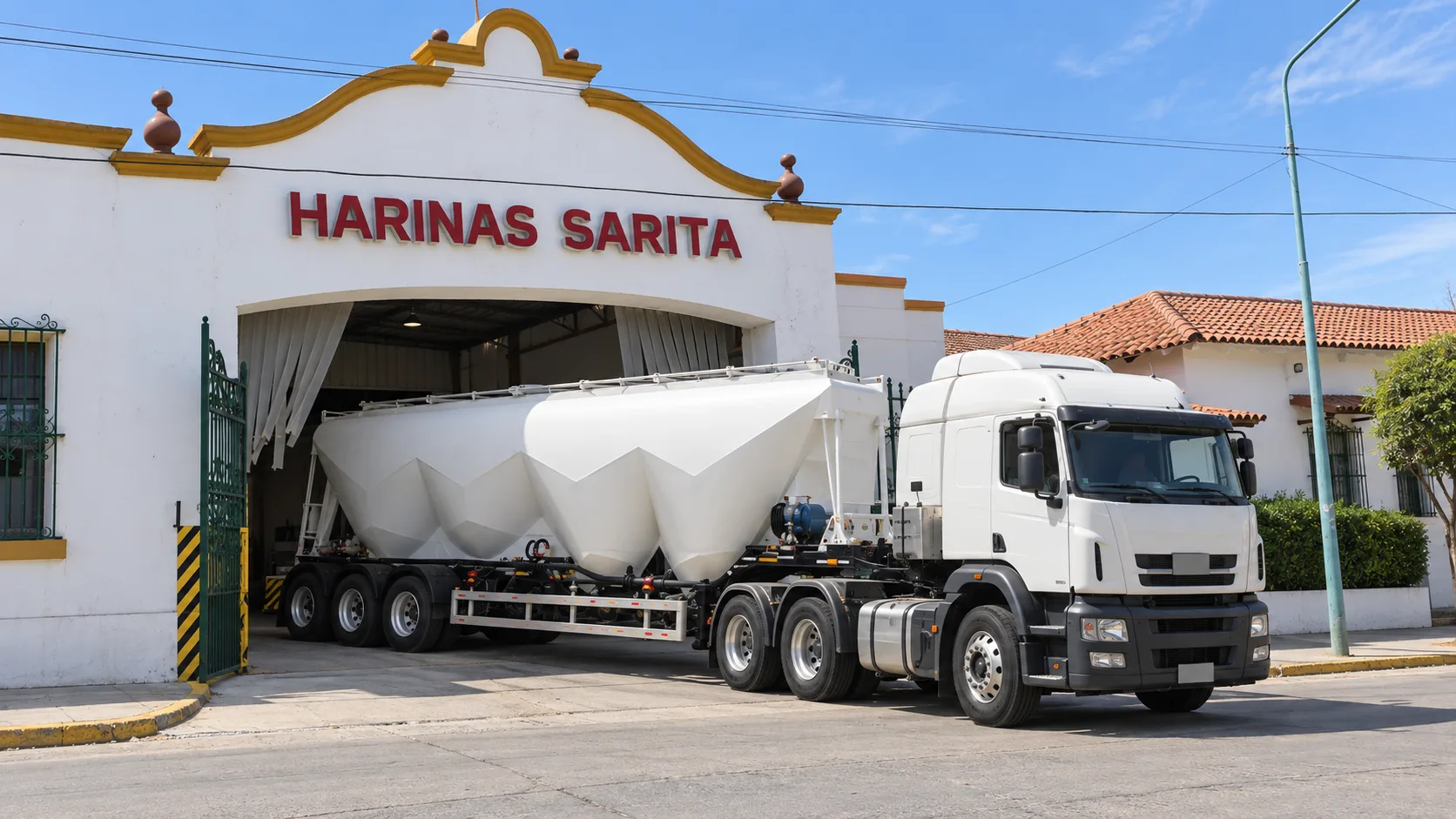 Fachada de Harinas Sarita con camión granelero en la entrada