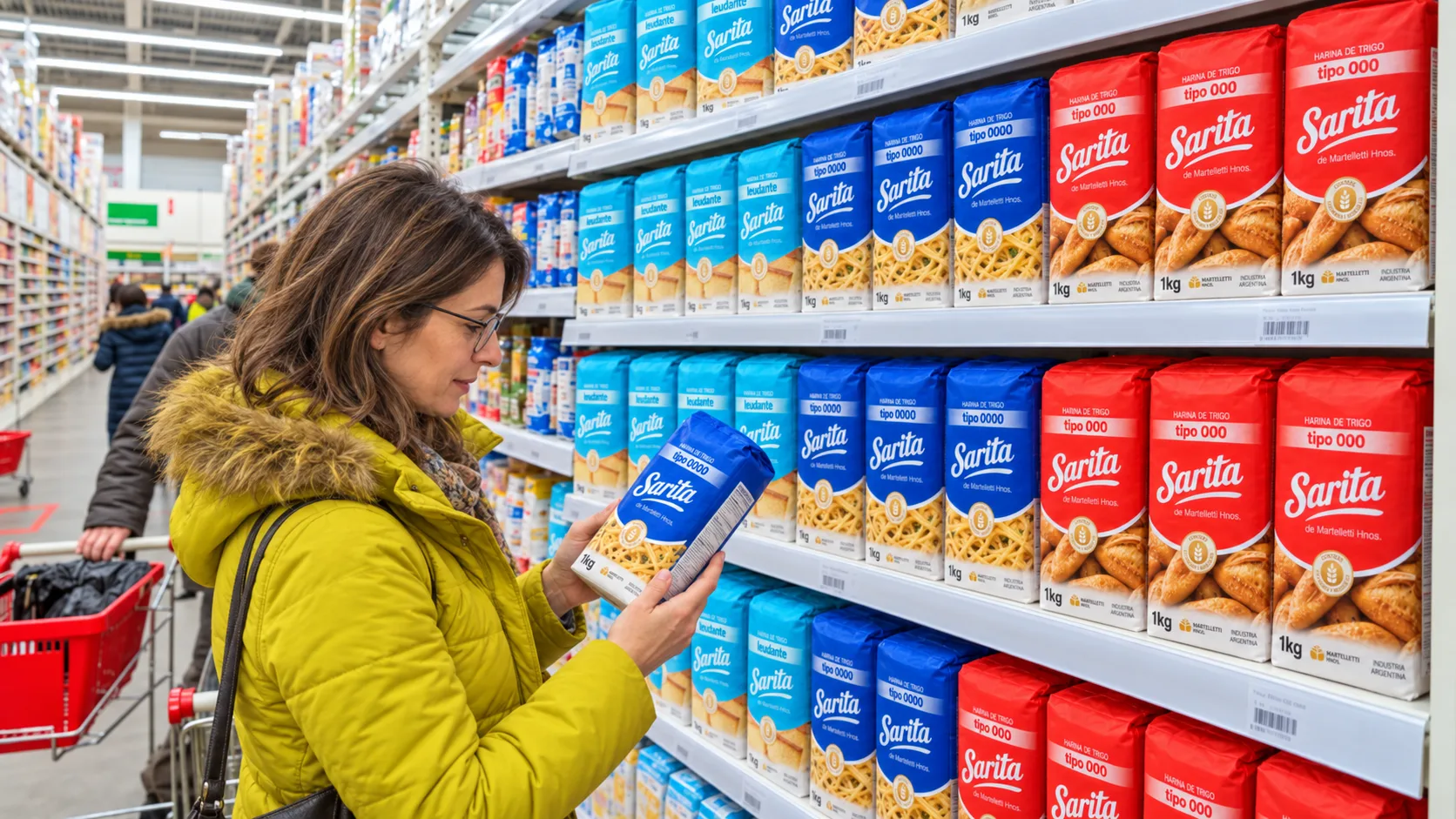 Cliente eligiendo harina Sarita en la góndola de un supermercado